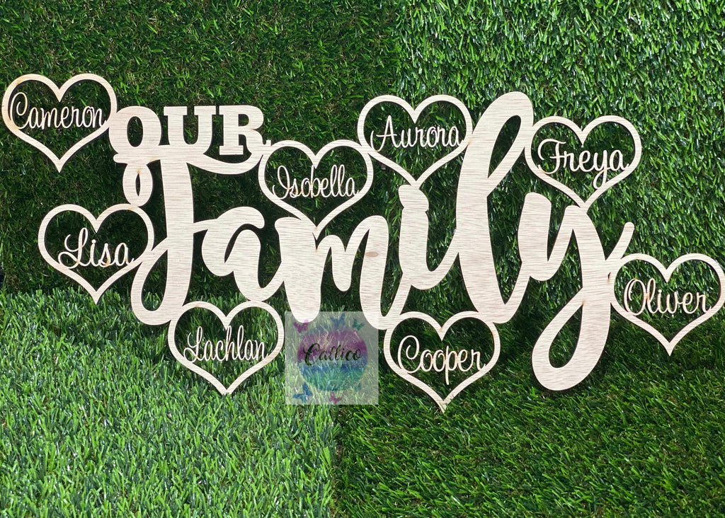 Our Family with personalised hearts wooden sign 60cm