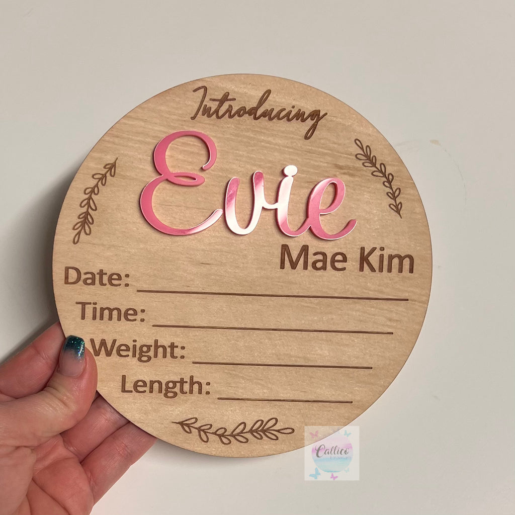Wooden and Acrylic Layered Birth Announcement Disc