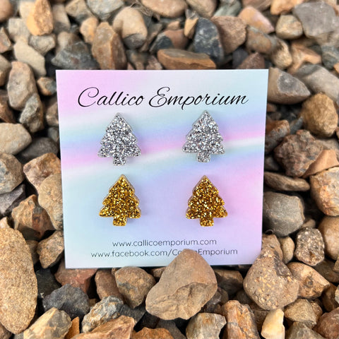 Christmas Tree Gold/Silver Acrylic Stud Double Pack