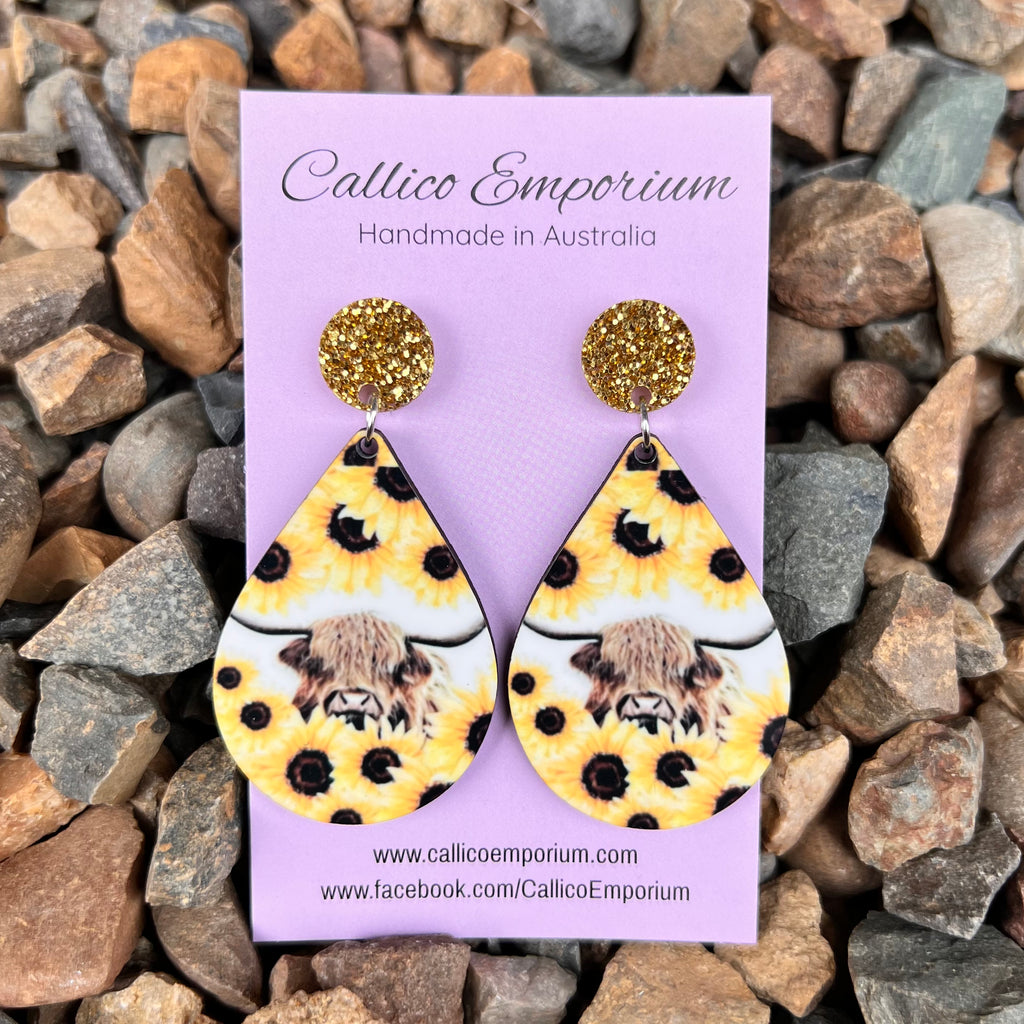 Highland Cow Sunflowers Wooden Printed Stud Dangle Earrings