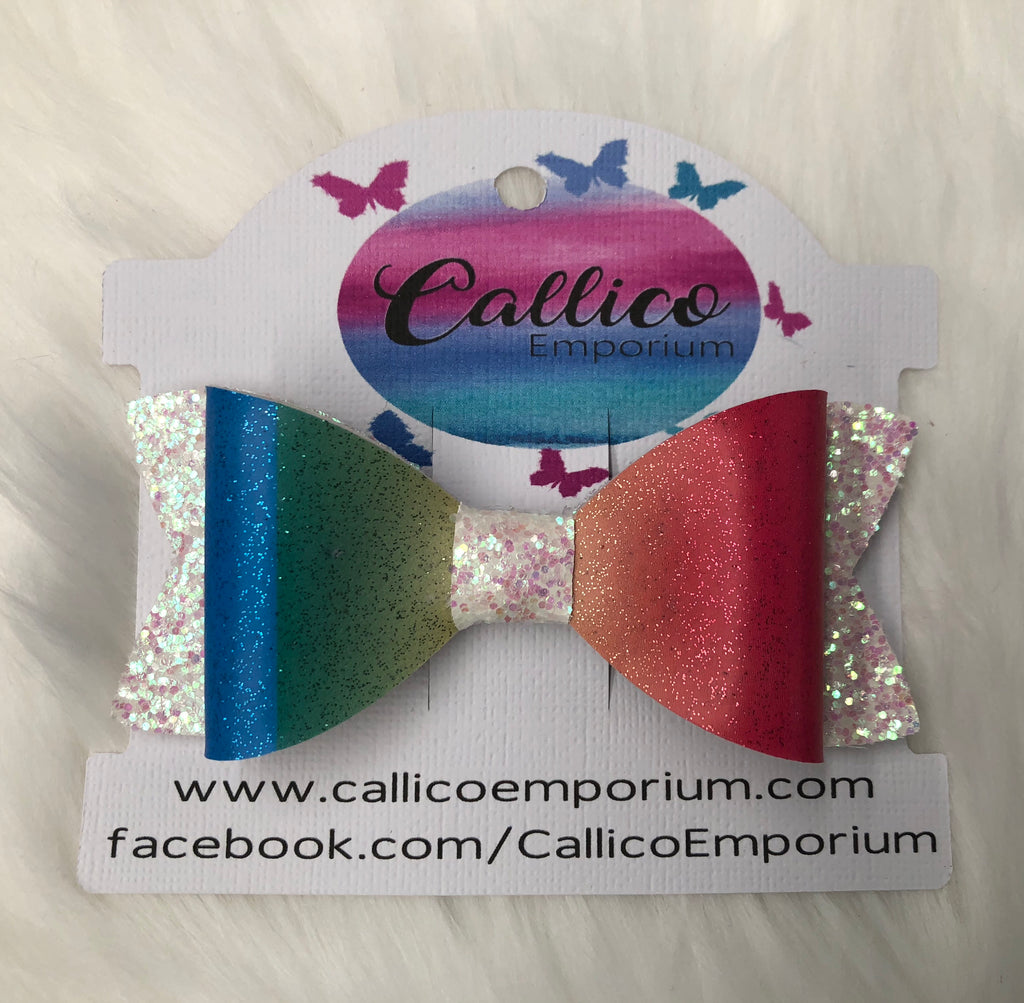 Rainbow and Marshmallow White/Pink Glitter Hair Bow with bow clip