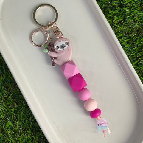 “Pink Sloth” Beaded Keychain
