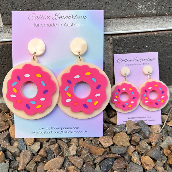JUMBO Pink Iced Donut Double layered Acrylic Stud Dangle Earrings