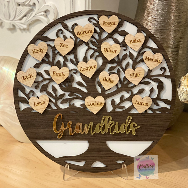 Round Family Tree with Hearts - 3D Triple layer  sign with stand