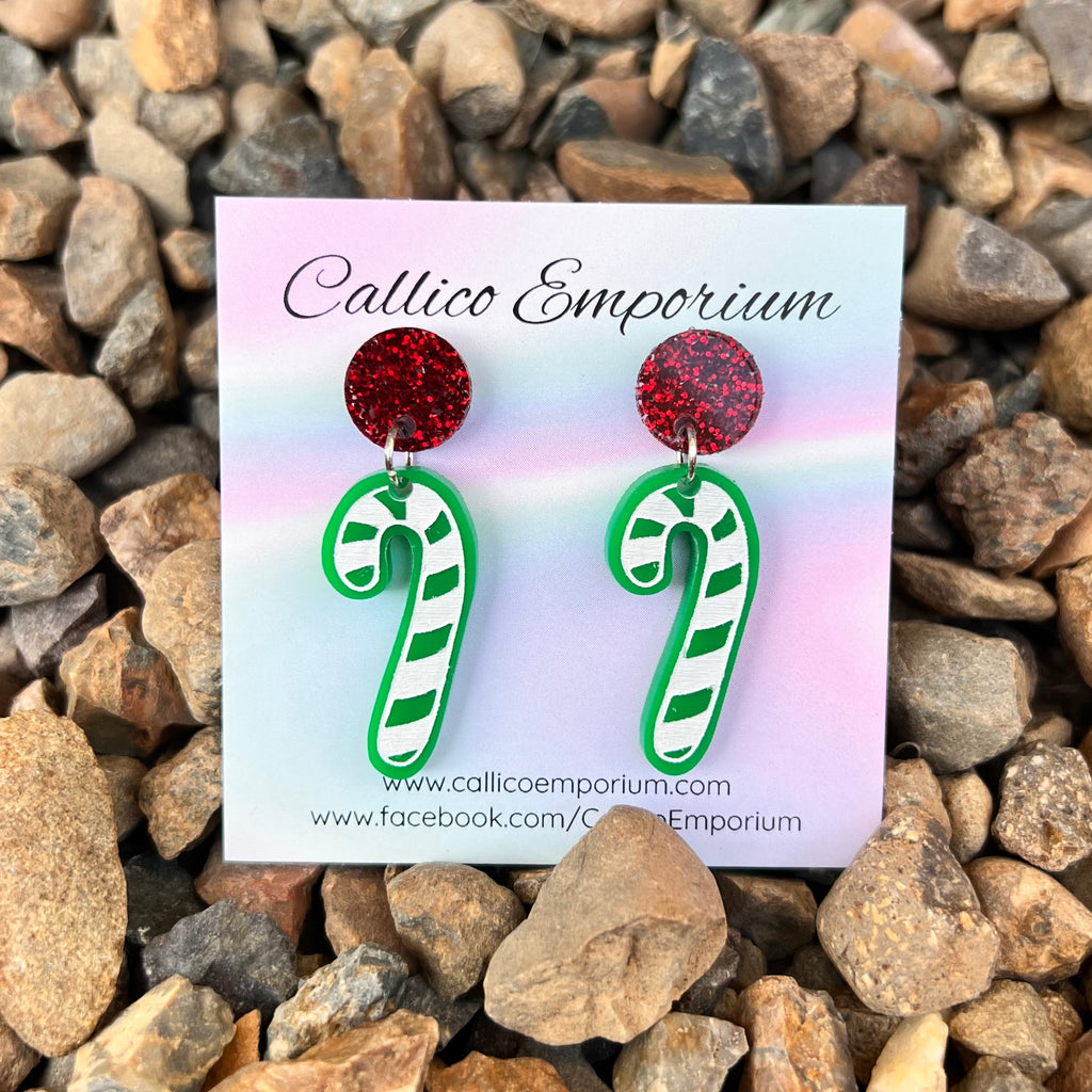 Green Candy Cane Acrylic Stud Dangle Earrings