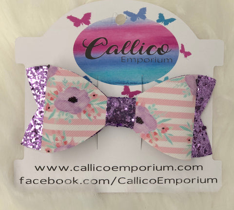 Floral & Purple chunky glitter Faux Leather Hair Bow with bow clip